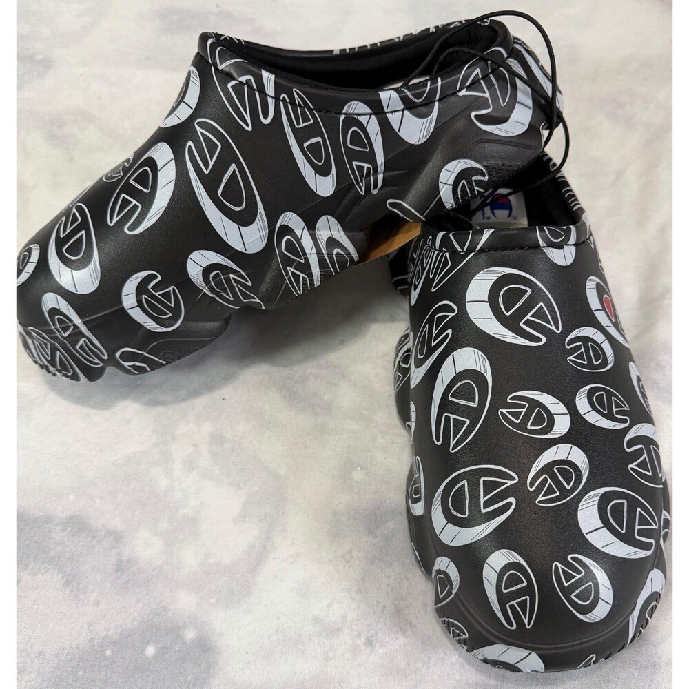 Champion Slip-On Clogs Shoes Black Logo Print Unisex Size 8 New with Tags